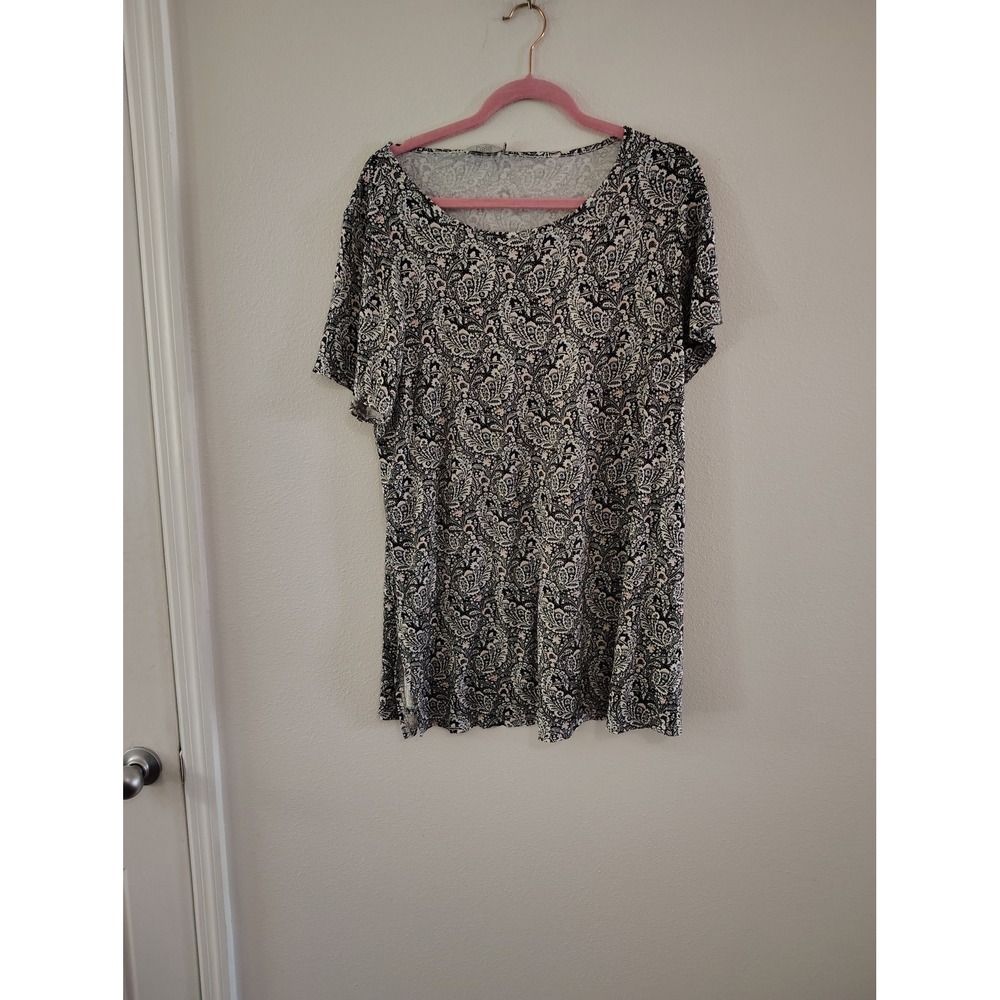 Dalia Womens Plus Size 1X Black White Paisley Short Sleeve Scoop Neck Tunic Top